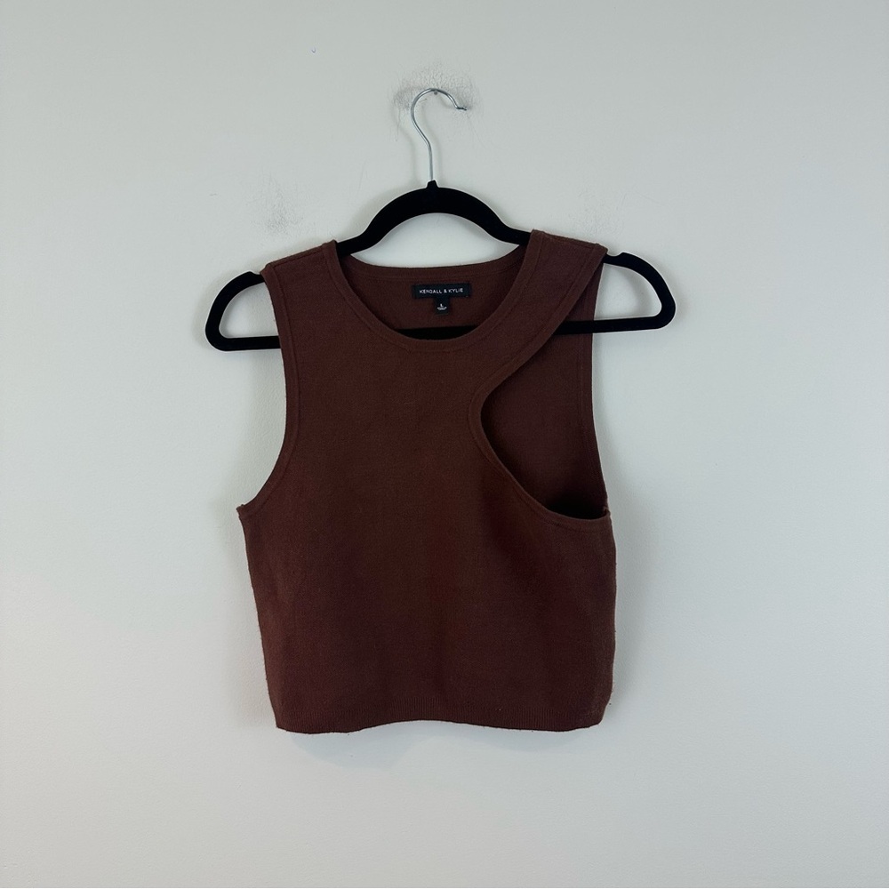 Kendall & Kylie Brown Asymmetric Cutout Tank Top Sweater Material Large
